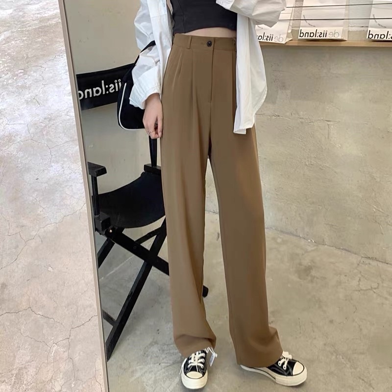 Quần Kaki Ống Rộng Nữ Meestore - Cullotes Màu Nâu Tây Dáng Suông Phong Cách Hàn Quôc