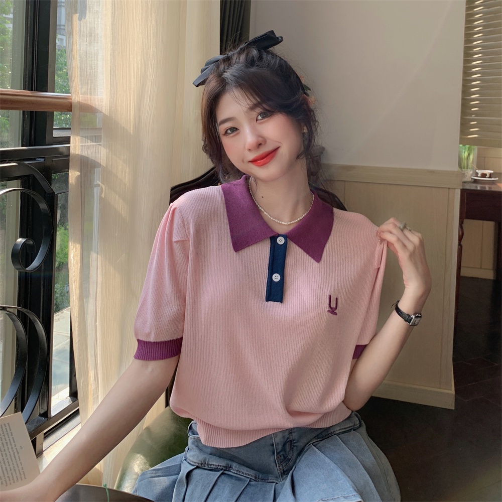 DUNEA Áo Sweater Dệt Kim Mỏng Tay Ngắn Dáng Rộng Cổ Polo Thêu Họa Tiết Màu Khối Quyến Rũ Cho Nữ