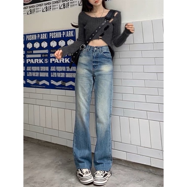 Quần jeans loang màu ống suông tôn dáng y2k