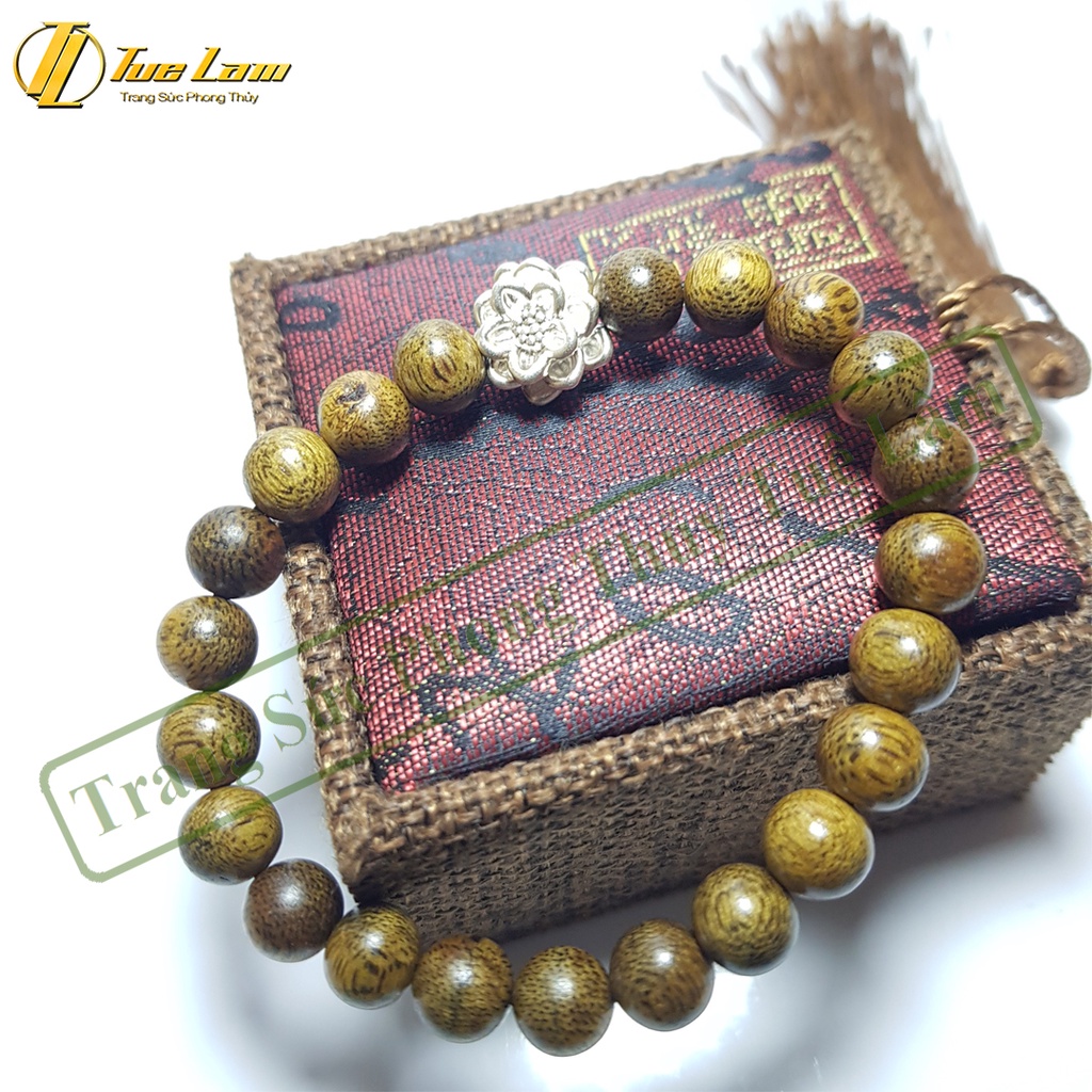 Vòng tay hạt gỗ trầm hương tốc size 8 li mix charm hoa sen bạc bình an - Tuệ Lâm