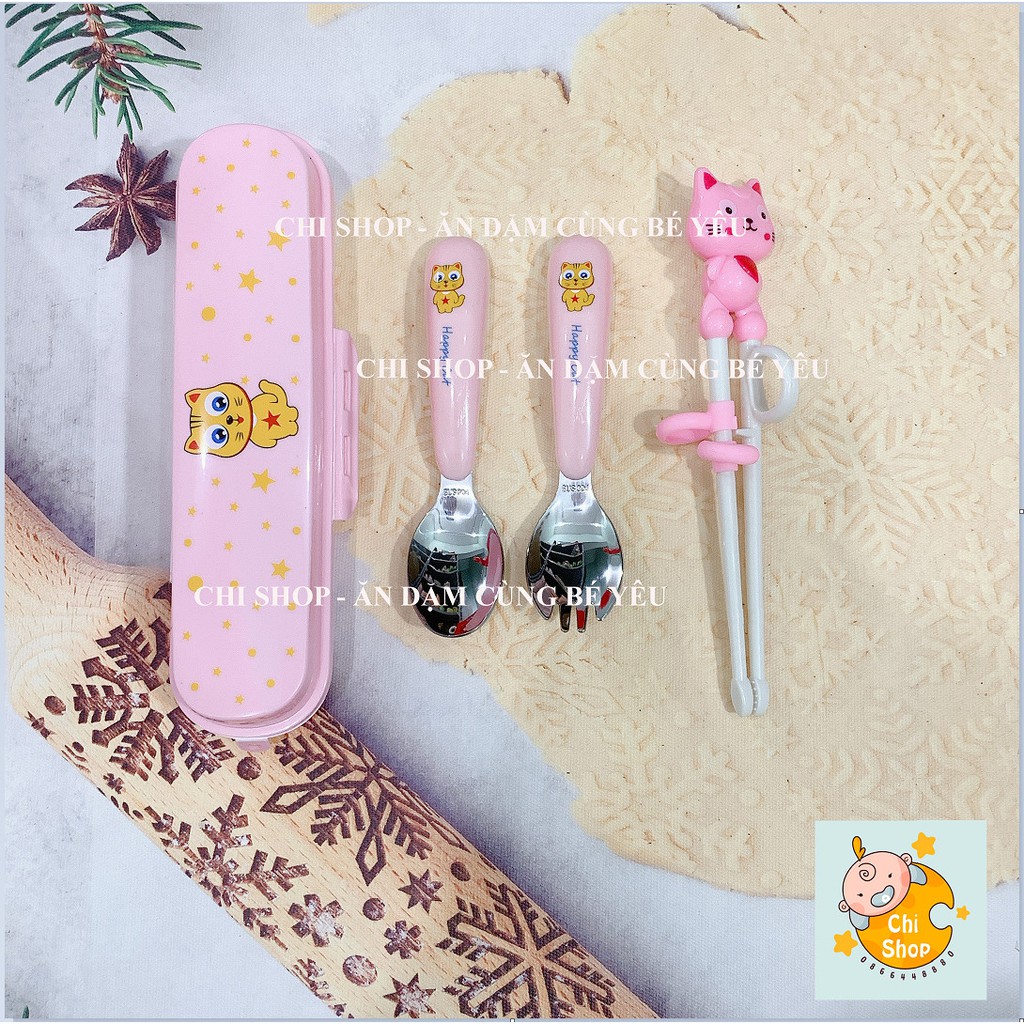 Bộ Thìa Dĩa Đũa inox Happy Cat tập ăn dặm cho bé ☘Rẻ Vô Địch☘