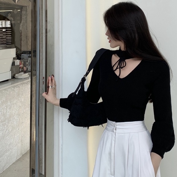 Áo sweater dệt kim ZHELIHANGFEI cổ V tay phồng gợi cảm thời trang cho nữ