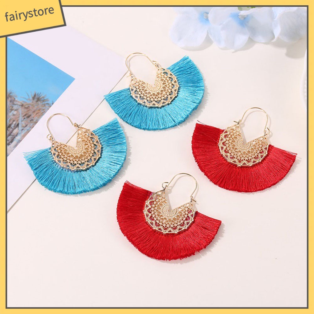 Khuyên Tai Dáng Dài Hình Quạt Phối Tua Rua Phong Cách Bohemian Thời Trang