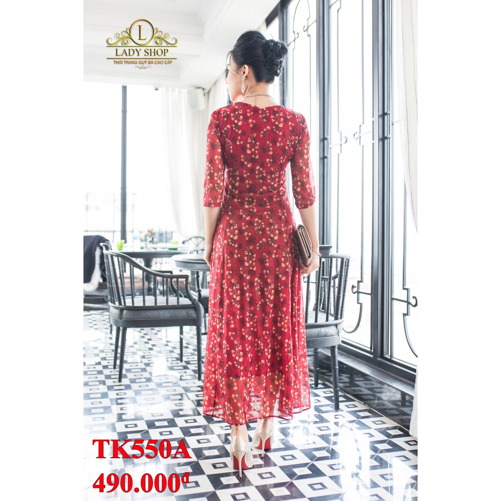 Thời trang trung niên -  Đầm quý bà cao cấp - Ladyshop - Đầm thun lưới cành lá rơi cổ hoa TK550