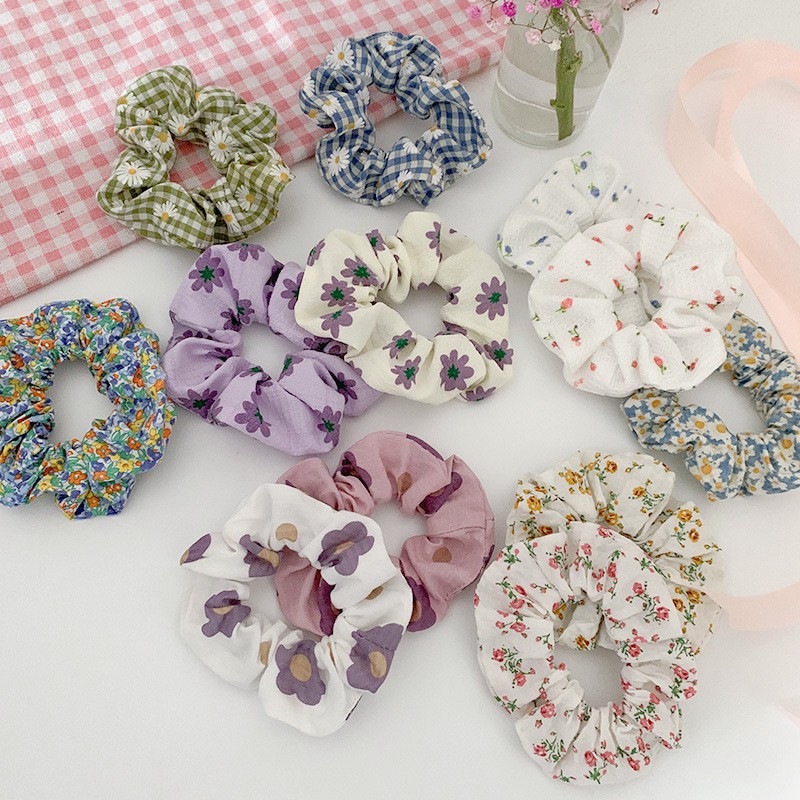 Dây cột tóc vải caro,chấm bi,bông hoa scrunchies Hàn Quốc xinh xắn