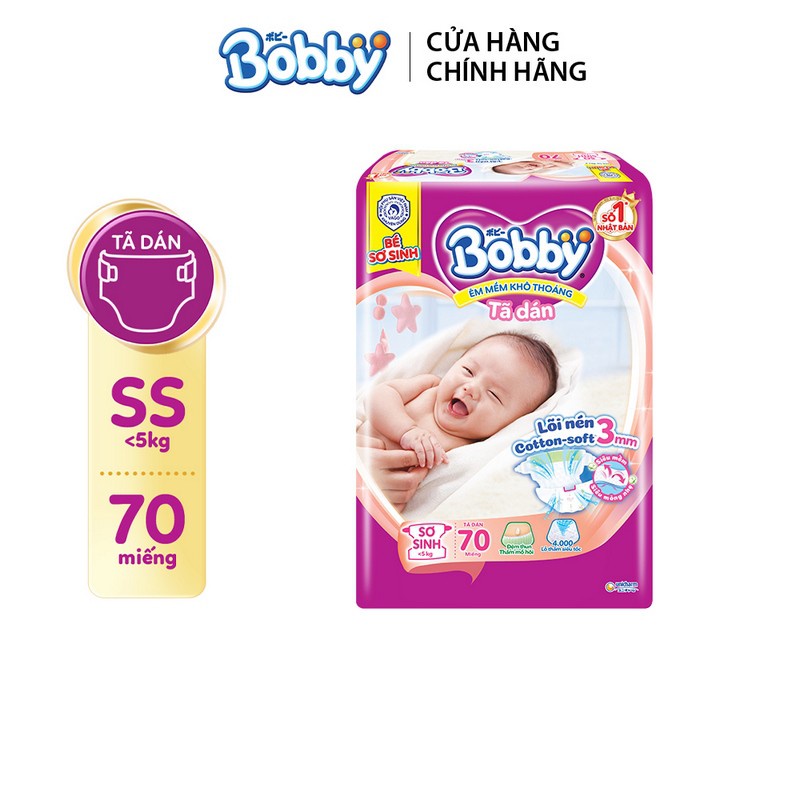 Tã dán Bobby khô thoáng NB70/S56/M76/L68/XL62/XXL56 Siêu thấm