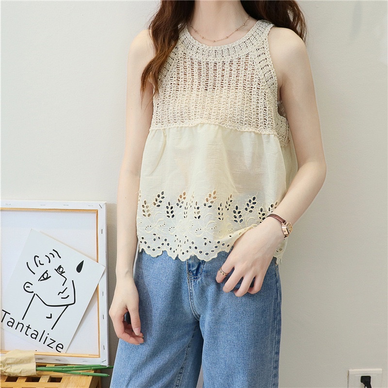 Áo kiểu nữ cổ yếm sợi móc mix vải thô boi viền hoa phong cách Hàn Quốc