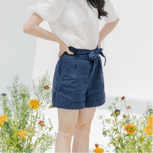 Linen Short ( quần sóc gập gấu, buộc đai 2 màu Begei, Xanh than)