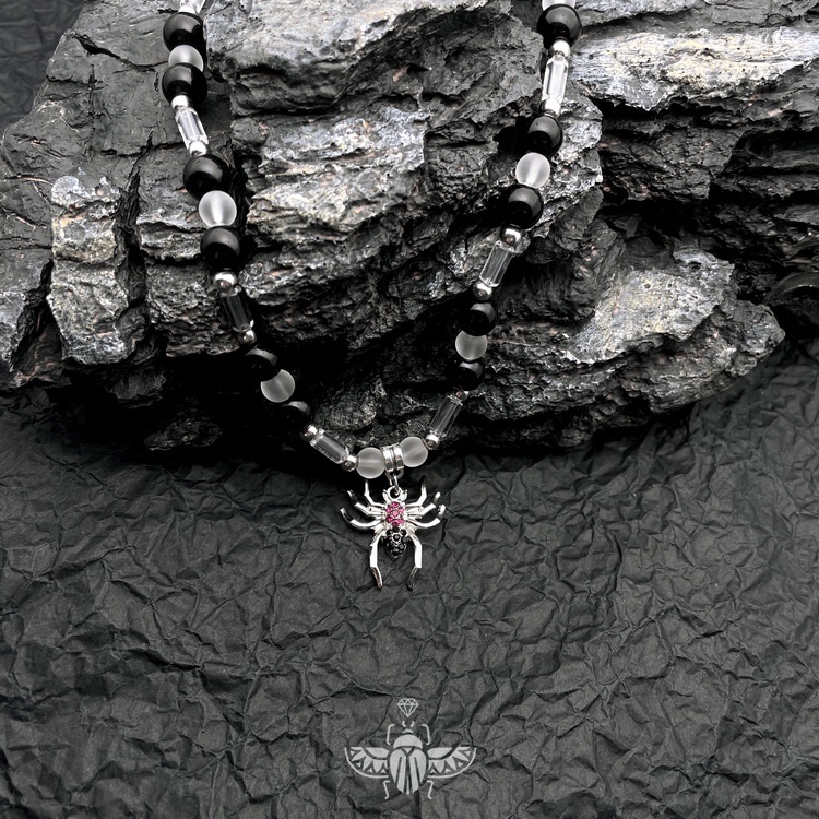 Vòng cổ Hạt Tròn Màu Đen Đính Đá Ruby Ngọc Lam Vân Kim Cương Pha Lê Hình Nhện Dáng Tròn Trẻ Trung Cho Nam Và Nữ