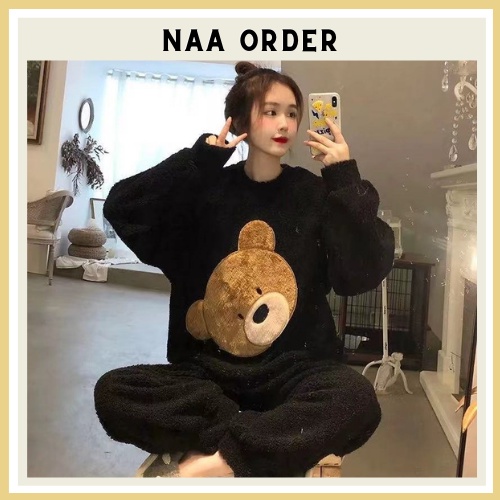 Bộ ngủ nữ gấu cute giữ nhiệt cực ấm, Bộ ngủ mùa đông đáng yêu chất lông cừu siêu ấm mềm nhẹ