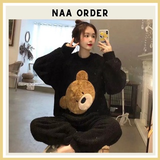 Bộ ngủ nữ gấu cute giữ nhiệt cực ấm, Bộ ngủ mùa đông đáng yêu chất lông cừu siêu ấm mềm nhẹ