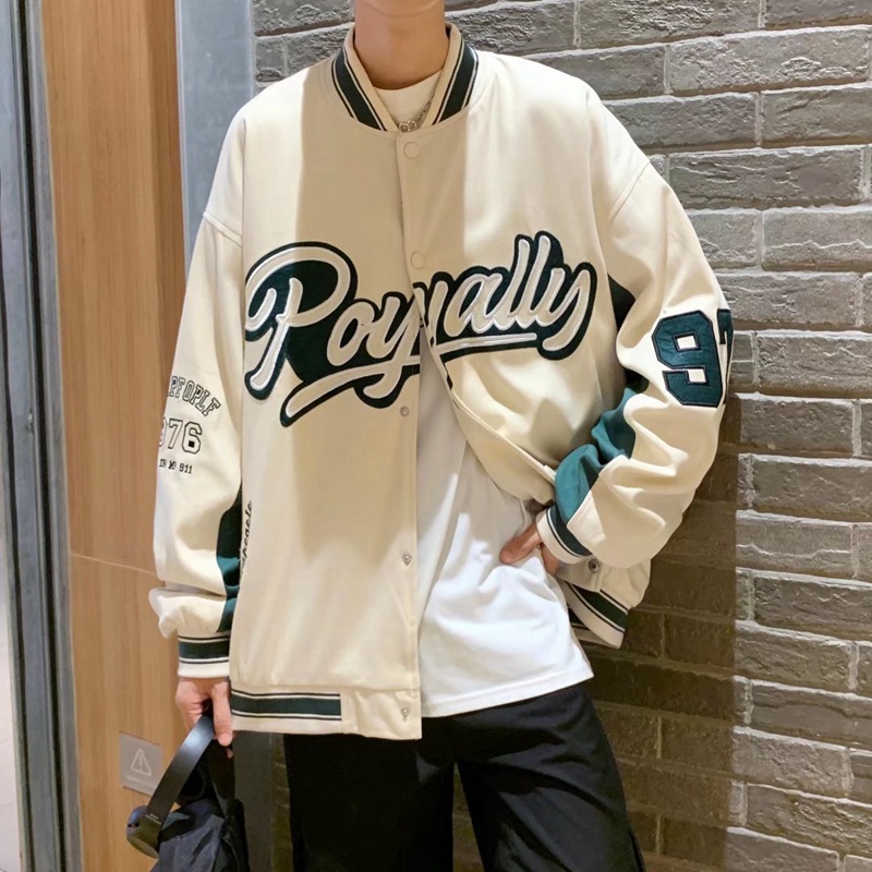 Áo khoác bóng chày dáng rộng thêu họa tiết phong cách Retro Mỹ cá tính dành cho cặp đôi