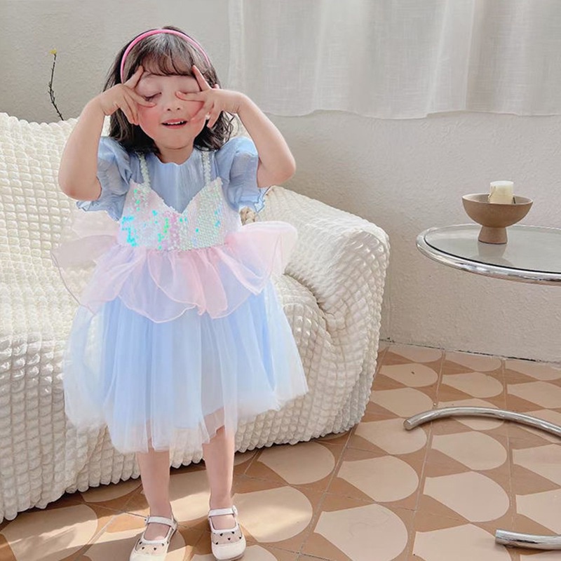 Đầm Công Chúa Phối Lưới Phong Cách Hàn Quốc Ngọt Ngào Thời Trang Mùa Hè Cho Bé Gái