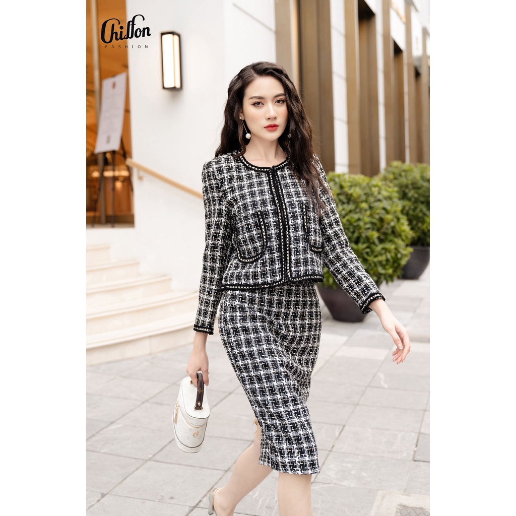 Chân váy bút chì dạ tweed, chân đầm công sở nữ hàng thiết kế by Chiffon | BigBuy360 - bigbuy360.vn