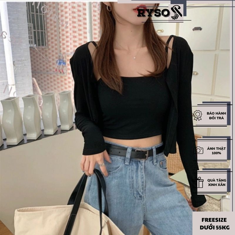 Áo croptop 2 dây có áo khoác ngoài chất thun co giãn siêu năng động cho các nàng