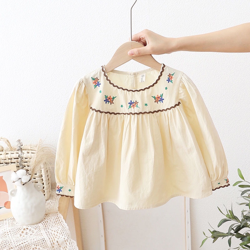 Áo Sơ Mi Cotton Tay Dài Cổ Tròn Thêu Họa Tiết Thời Trang Mùa Thu Dành Cho Bé Gái