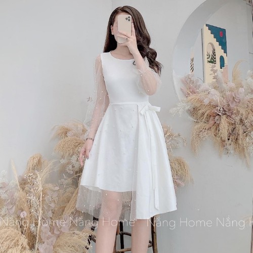 Váy trắng nữ dự tiệc tay dài dáng xòe Jina đi tiệc đi chơi đi cưới | BigBuy360 - bigbuy360.vn