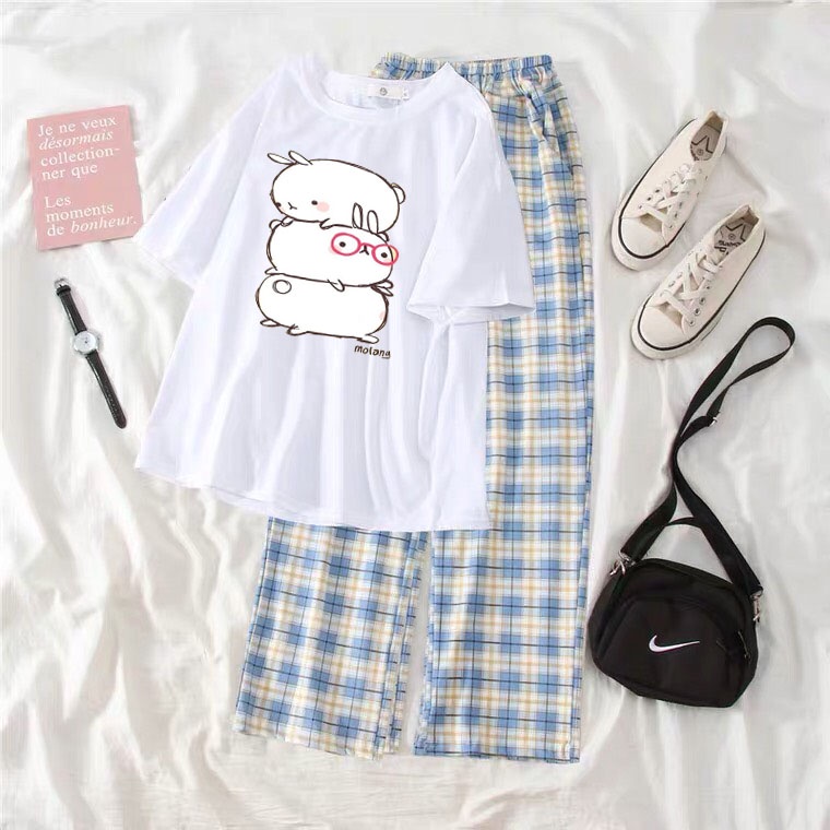 Sét Áo Ba chú thỏ + quần kẻ màu, Áo thun from rộng, Chất đẹp không xù, quần suông ống rộng, Sét bộ mặc ở nhà - MODY