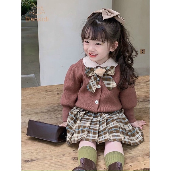 Váy cho bé gái, set váy dạ nhung TWEET 2 lớp kèm nơ gấu chân váy xếp ly( có lớp lót) siêu cấp cho bé