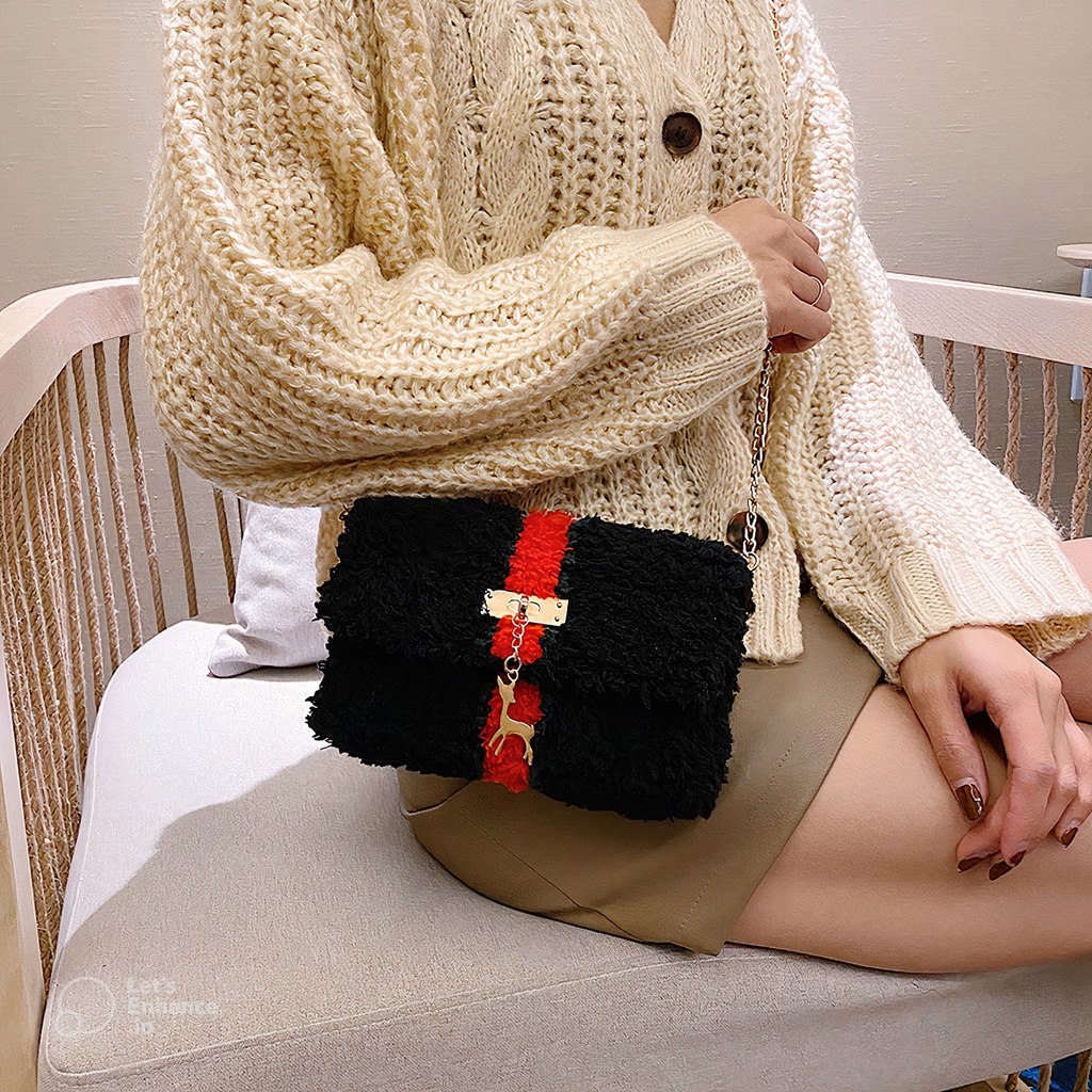 Túi len tự đan, túi đeo chéo len xù phối sọc đỏ thời trang sang trọng - Bộ phụ kiện đầy đủ LX206