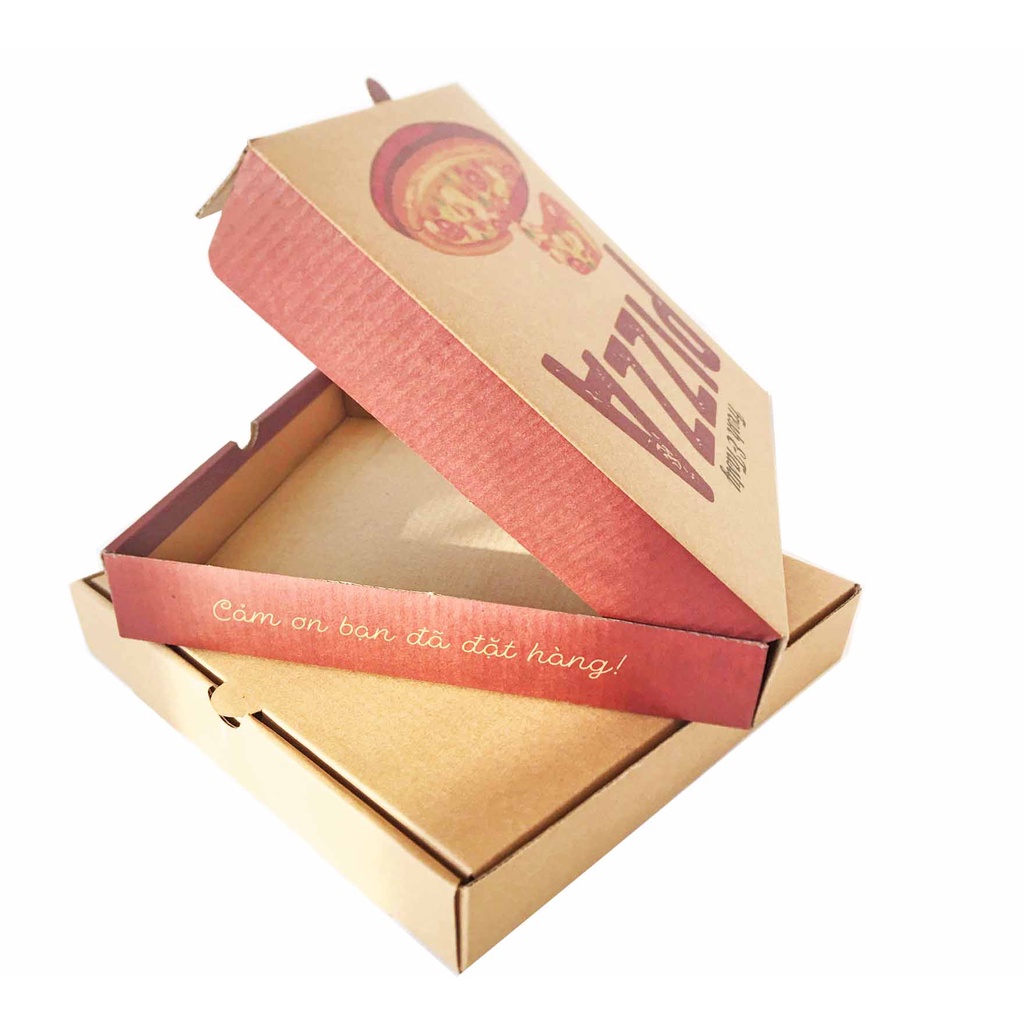 Bó 100 hộp Pizza in 4 màu size 20 kích thước 20x20x4cm, Hộp 3 lớp sóng E bồi Kraf nâu.