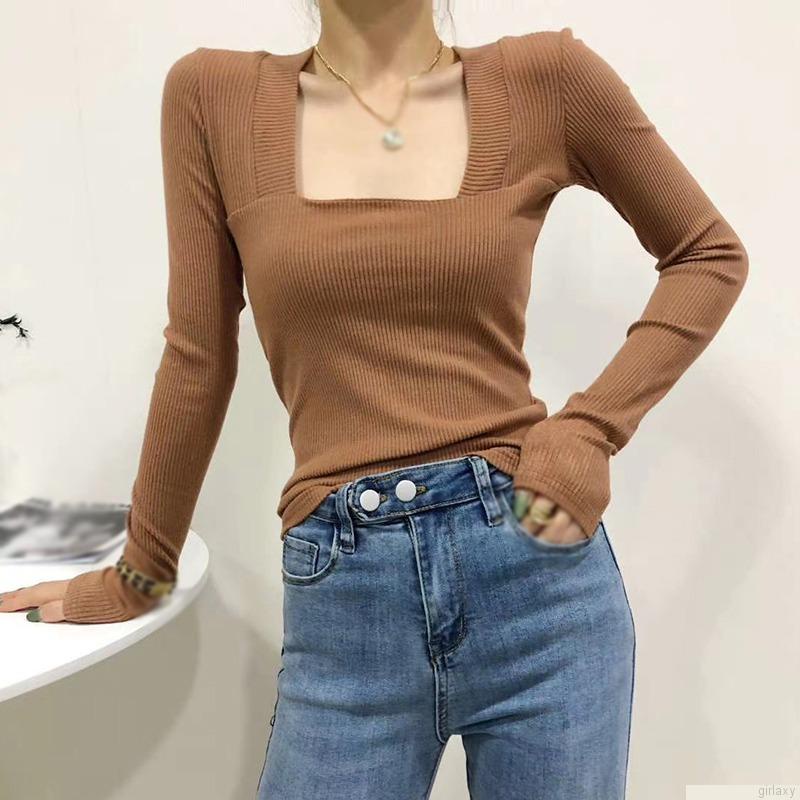 Áo thun dệt kim dáng ôm màu sắc đơn giản phong cách Hàn Quốc cho nữ