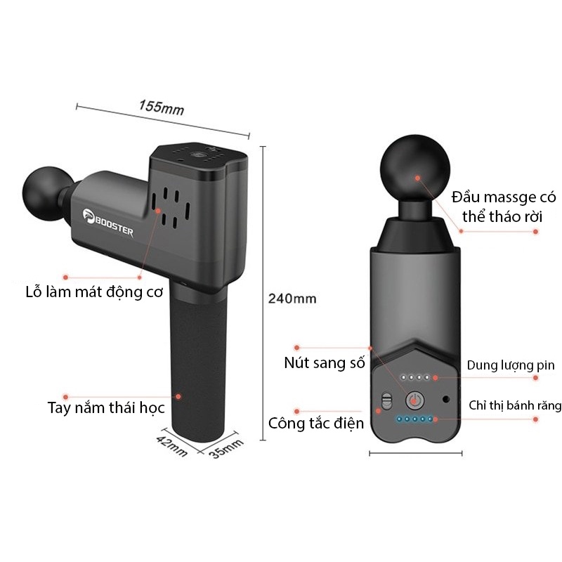 15 ĐẦU MASSAGE - BOOSTER T  - Súng Massage Gun Thư Giãn Cơ Bắp Trị Liệu Đau Nhức Mỏi Công Suất 126W - 6 Đầu