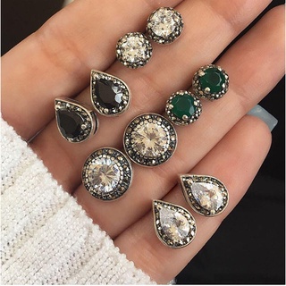Set 5 đôi khuyên tai đính đá pha lê màu trắng/xanh dương/đen phong cách bohemian