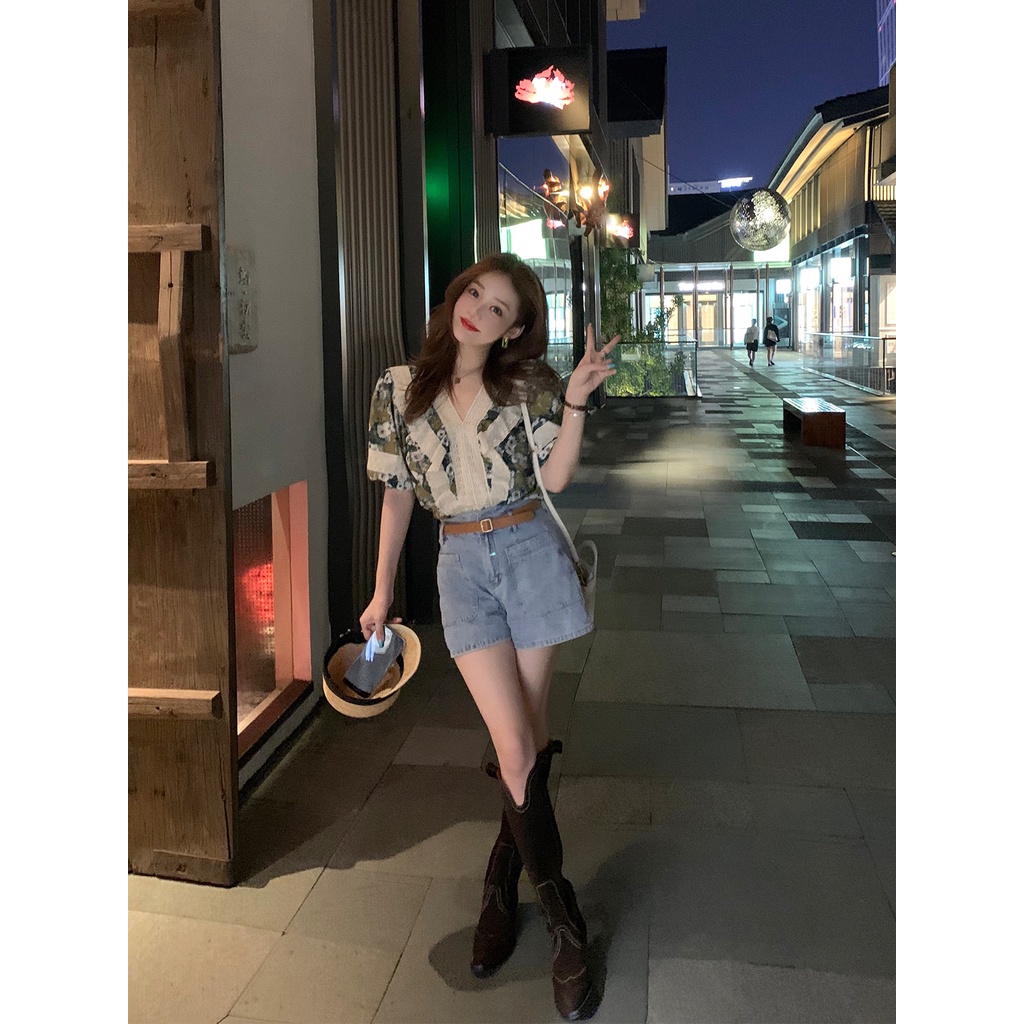 Áo Sơ Mi Tay Ngắn Cổ Chữ v Họa Tiết Hoa Thời Trang Mùa Hè Phong Cách Pháp