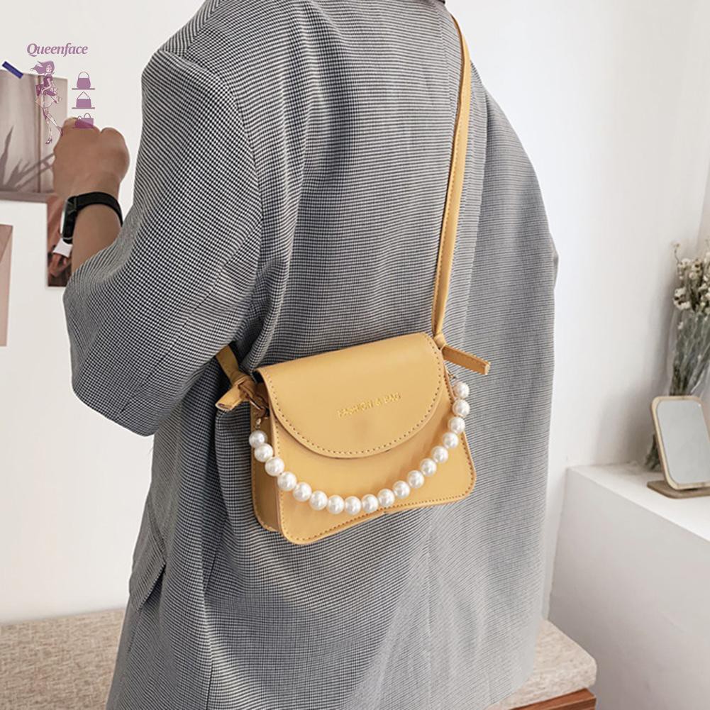 queen_Fashion Women PU Crossbody Bag Casual Ladies Pearl Chain Pure Color Handbag