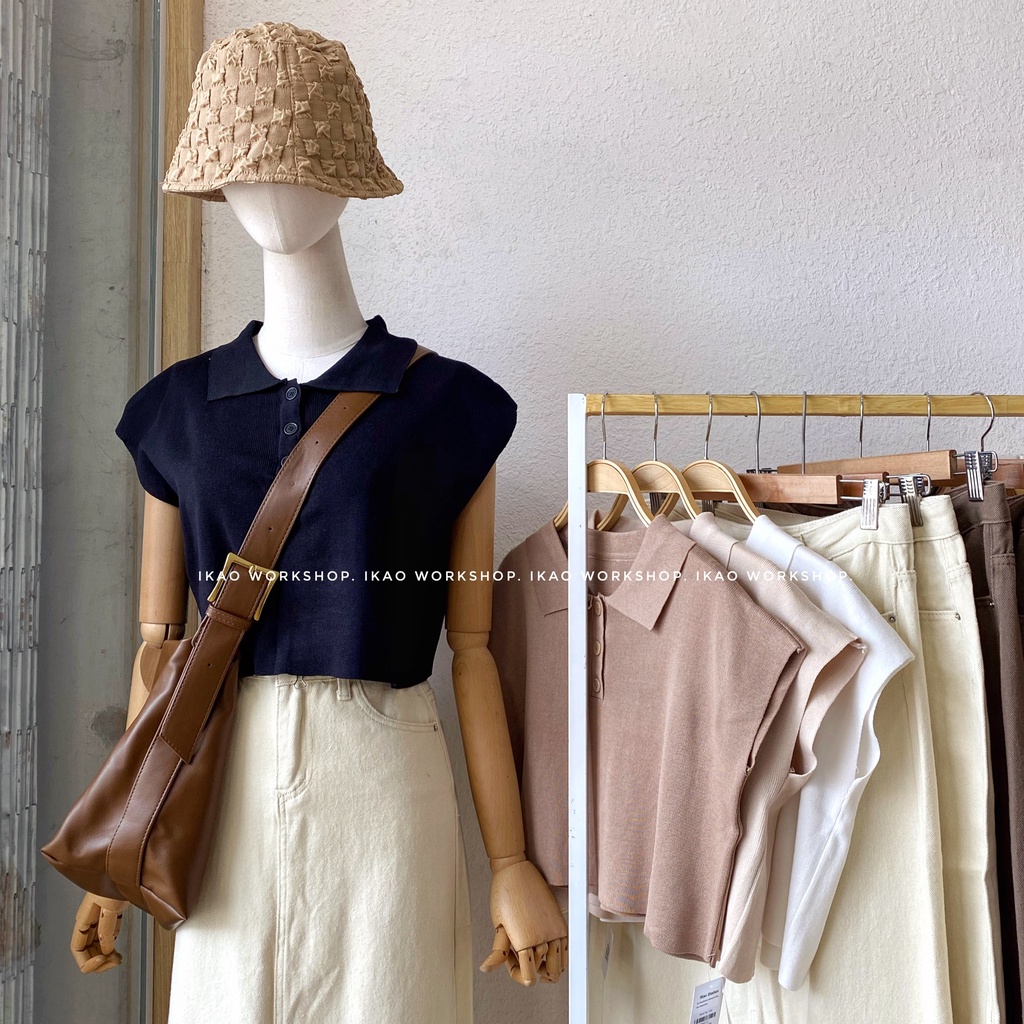 Áo thun croptop dệt kim nữ tay ngắn IKAO STATION Áo thun croptop nhiều màu cổ bẻ đáng yêu thời trang Hàn Quốc