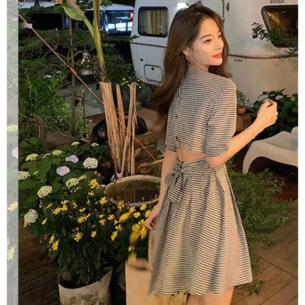 Đầm Eo Ôm Tay Ngắn Hoạ Tiết Caro Thời Trang Phong Cách Hàn Quốc Cho Phụ Nữ