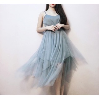 Đầm midi 2 dây lưới xoè bo eo korea