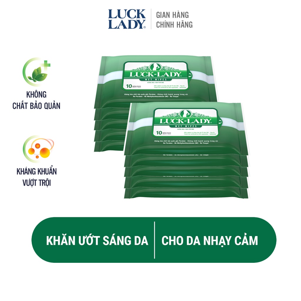 Khăn ướt cho da nhạy cảm Luck Lady không mùi 10 tờ/gói - Combo 10 gói