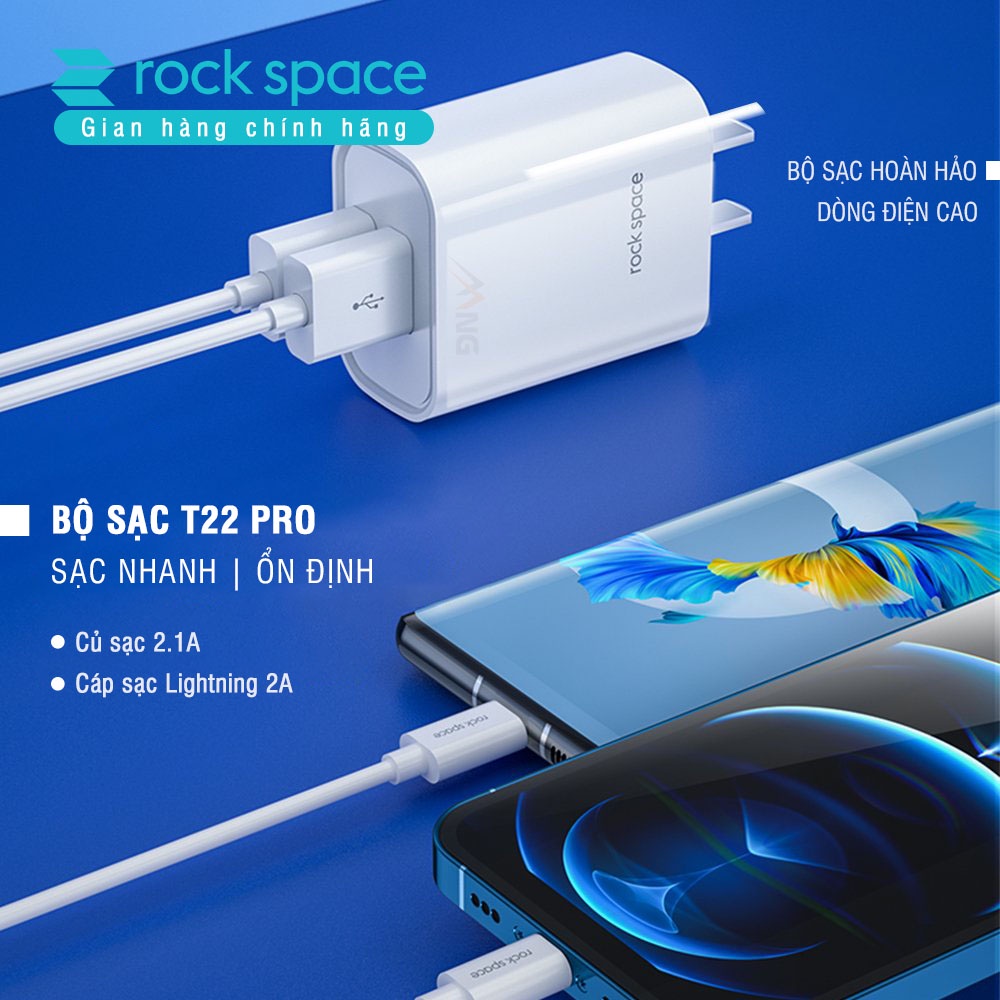 Bộ củ cáp sạc nhanh iPhone chính hãng Rockspace T22 pro 2 cổng sạc nhanh không nóng máy,bảo hành 12 tháng