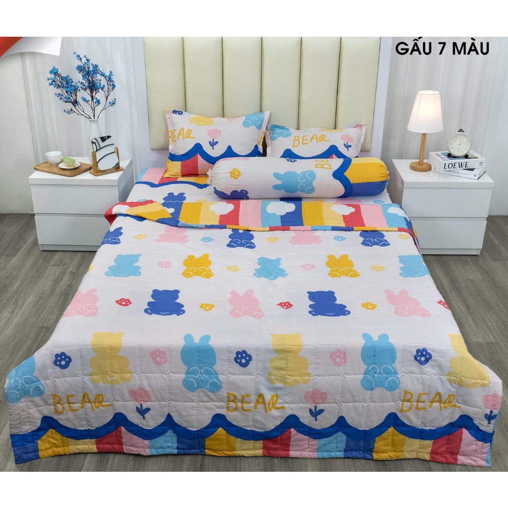 Bộ chăn hè ga gối 1m6x2m set 4 món-Vải Cotton Polymẫu tim xanh