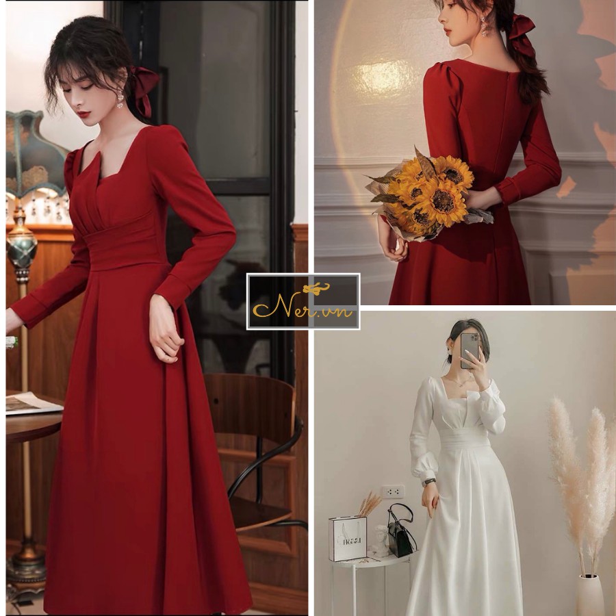 Đầm Dự Tiệc tay dài, cổ nhấn XẾP LY vạt vải cao,phong cách quý cô Sang Trọng,xinh xắn màu Đỏ, Trắng, Thương hiệu NER-N51