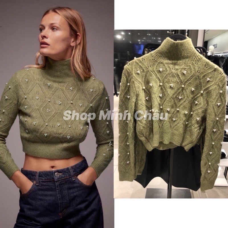 Sẵn) Áo len croptop đính ngọc Zarrrr dư sịn