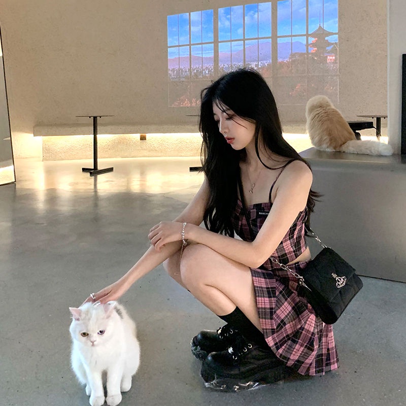 Jiashucheng Set Áo Hai Dây Phối Chân Váy Sọc Ca Rô Thời Trang Trẻ Trung Cho Nữ