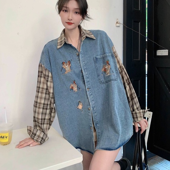 ZHELIHANGFEI Áo Khoác Sơ Mi Denim Tay Dài Dáng Rộng Kẻ Sọc Kiểu Retro Cá Tính