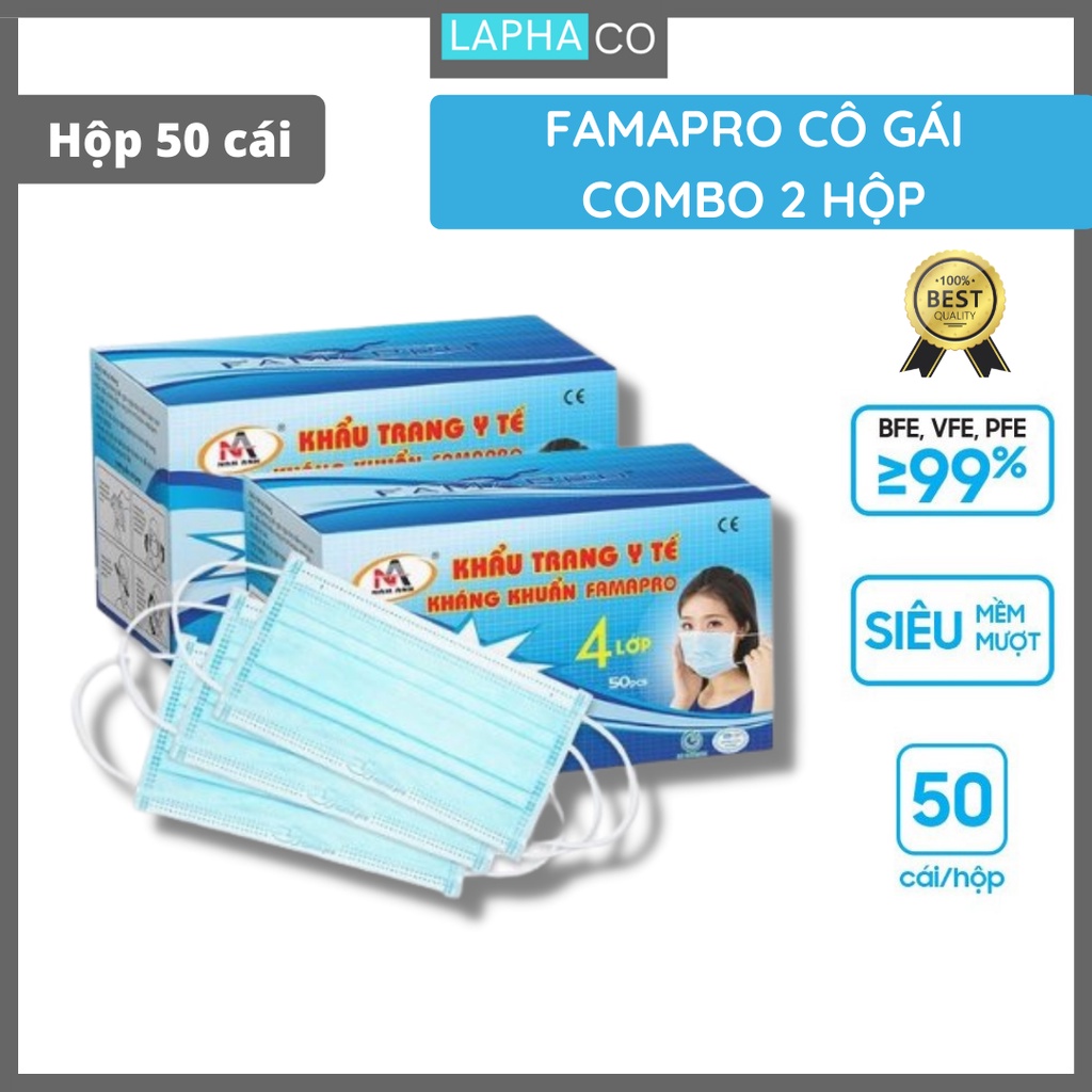Combo 2 hộp khẩu trang y tế Famapro Cô gái 4 lớp kháng khuẩn (50 cái/ hộp)