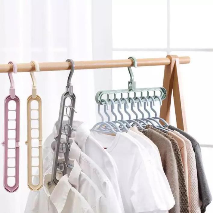 Móc nhựa treo quần áo tiện lợi 9 lỗ nhánh, treo đầu có thể xoay 360 độ