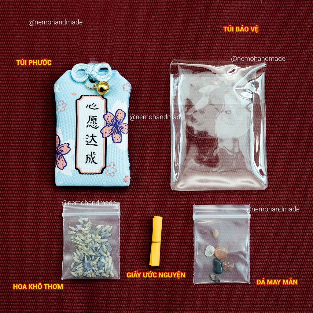 Túi Phước Omamori thêu chữ Học Tập Thi Cử, tặng kèm túi bảo vệ, hoa khô, giấy ước nguyện, đá may mắn - OMHTC