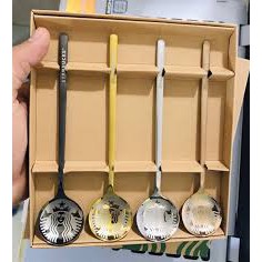 Bộ 4 chiếc thìa muỗng đầu tròn họa tiết Starbuck độc đáo ấn tượng, chất liệu inox cao cấp cán màu (Kèm hộp đựng)