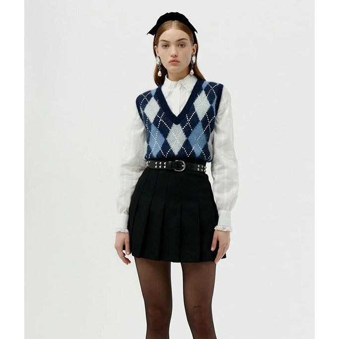 Rose blackpink Set Áo Sơ Mi Dài Tay Cổ Chữ V + Áo Khoác Len Không Tay Thời Trang Nữ