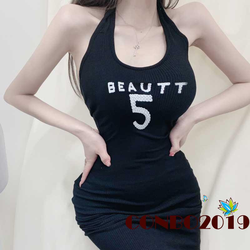 Đầm Ôm Hai Dây Hở Lưng Thêu Chữ Thời Trang Mùa Hè Cho Nữ