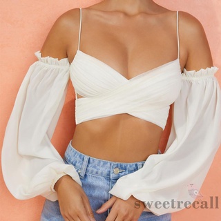 Áo Croptop Trễ Vai Tay Phồng Đan Dây Chéo Quyến Rũ