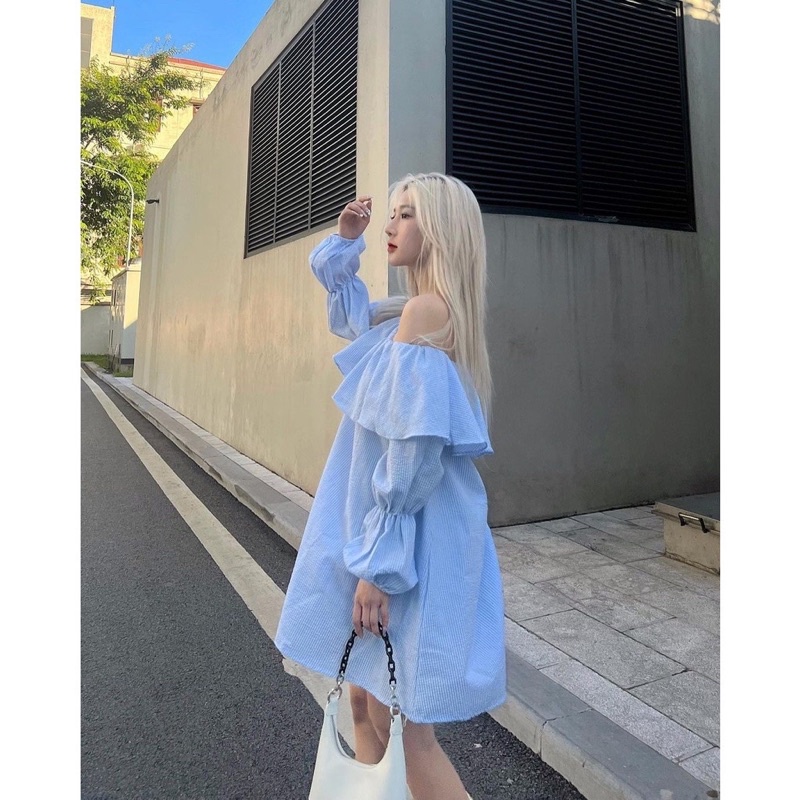 Áo váy TRỄ VAI bèo kẻ SỌC XANH dài tay bo chun tiểu thư điệu - Áo trễ vai dài tay kẻ sọc bèo nhún