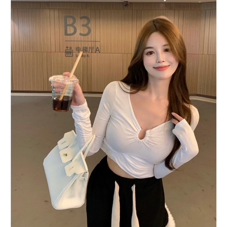 Áo thun lửng tay dài cổ chữ V thời trang Hàn Quốc cho nữ