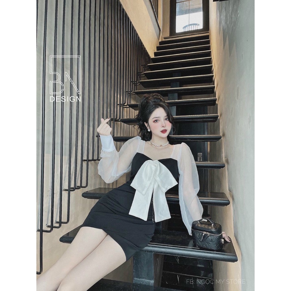 Đầm Lụa Phối Lưới Kèm Nơ Ngực Thời Trang Có Mút Ngực
